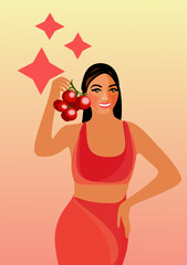 Woman eats healthy food tomatoes, Diet, Vegetarian concept. Smiling girl stands with vegetables in hands. Vegetarian, vitamins, natural and fresh products. Tomatoes. vector illustration.