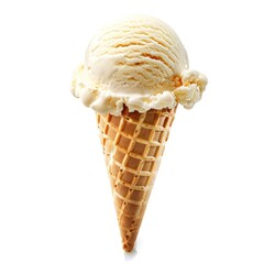 Single scoop of vanilla ice cream in waffle cone