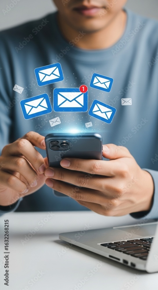 Poster person using smartphone with email notification icons. digital communication and multitasking concep