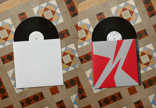 Mockup Of Customizable Record And Album Cover On Tiled Floor