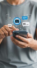 AI chatbot interaction on smartphone. Person using digital assistant on mobile. Modern tech communication with AI interface.