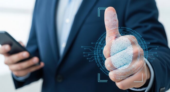 Biometric security with fingerprint scanner and digital interface. Modern technology for identity verification. High-tech illustration of fingerprint authentication. - Powered by Adobe