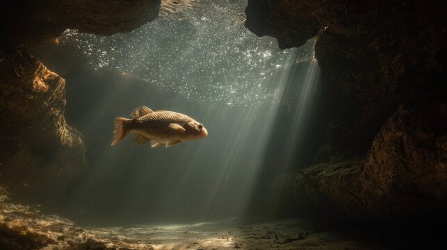 Sunlight streams into underwater cave, fish