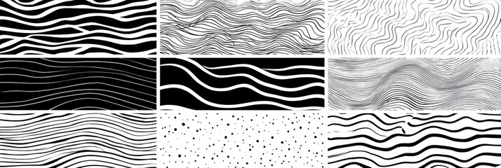 Abstract black and white patterns featuring wavy lines and textures