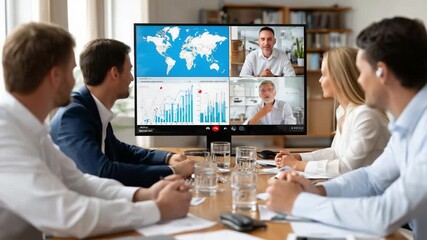 Virtual Collaboration: A group of diverse business professionals engage in a dynamic video conference, navigating complex data, with global maps and interactive charts, fostering connection. - Powered by Adobe