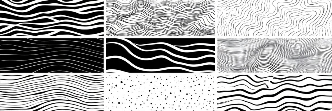 Abstract black and white patterns featuring wavy lines and textures