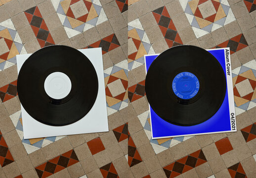 Mockup Of Customized Record And Album Cover On Tiled Floor