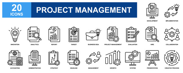 Project Management  icon set collection. Containing design Implementation, Development, Innovation, Analytics, Collaboration