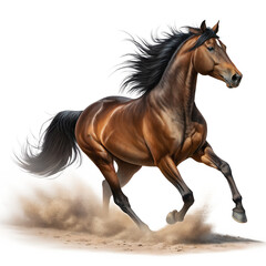 Obraz premium Majestic Stallion in Full Gallop: A powerful brown stallion strides gracefully across a dusty plain, its mane and tail flowing in the wind, embodying the spirit of freedom and untamed beauty.
