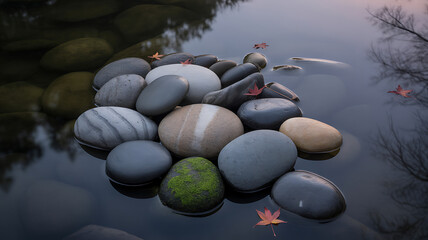A close-up view of a pile of smooth, wet river stones of various colors and patterns, with a few red leaves, sitting in calm water.