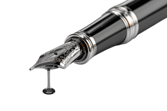 Close-up of a fountain pen nib, ink droplet