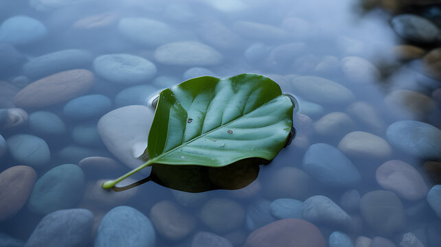A vibrant green leaf with a heart-like shape floats on a calm water surface, with an array of smooth river stones visible beneath. - Powered by Adobe