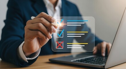 Hand using stylus on transparent digital checklist with marked tasks. Professional completing tasks on digital interface with checkmarks. Modern workspace with interactive checklist and stylus.
