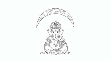 Obraz premium Serene Ganesha Drawing in a meditative pose under a celestial crescent moon, a spiritual black and white line art illustration.