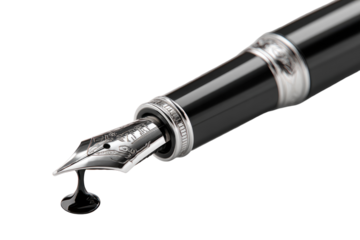 Close-up of a black fountain pen with a silver nib and ink dripping