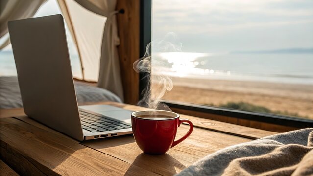 Hot coffee in red cup beside laptop on wooden table, cozy bedroom setting, open window showing beach view. Work-life balance, peaceful morning vibe - Powered by Adobe
