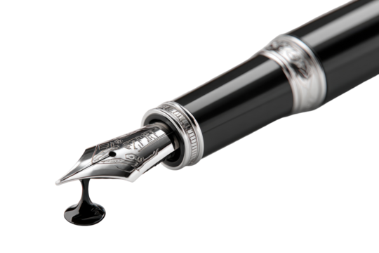 Close-up of a black fountain pen with a silver nib and ink dripping