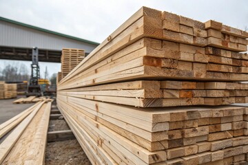 Close-up of stacked timber planks in carpentry warehouse. Wooden texture background showing natural grain, hardwood material, lumber for construction, woodworking, and industrial design purposes.