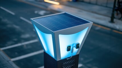 Illuminated, solar-powered urban charging station.