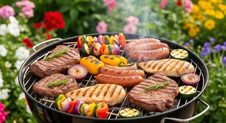 Grilled Meat and Vegetables on a Barbecue Grill Outdoors.