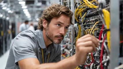 Data Center Technician: Focused technician meticulously examining server racks amidst a high-tech data center setting. The image conveys expertise and precision in a modern infrastructure environment. - Powered by Adobe