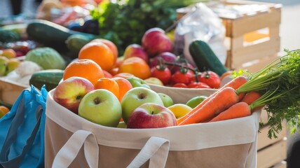 Colorful produce overflowing from reusable shopping bags at a farmer's market.