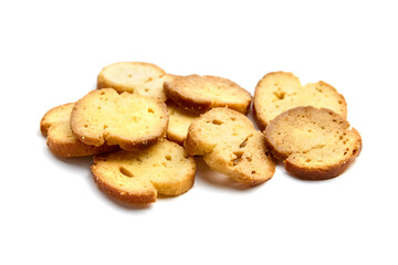 Crunchy golden-brown biscotti pieces arranged artistically on a white background, showcasing their...