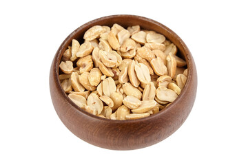 Bowl filled with roasted peanuts, showcasing their natural texture and color, placed on a white background, emphasizing healthy snacking and culinary uses