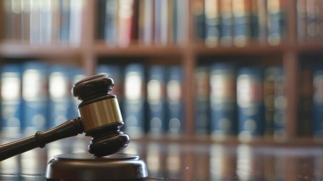 Wooden gavel sits poised on its sound block, background blurring into rows books, evoking sense law, justice, history. scene is lit to emphasize textures wood.