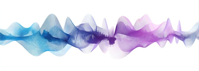 Abstract wave forms in a spectrum of blues and purples,  flowing across a white background