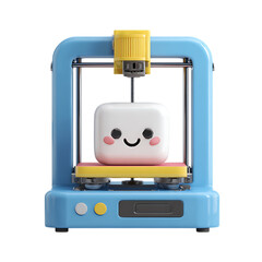 Cute smiling marshmallow character being printed by a blue 3d printer isolated on transparent background