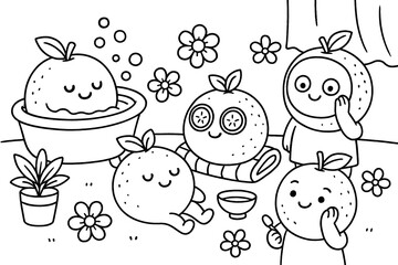Oranges enjoying spa day with relaxation activities coloring page