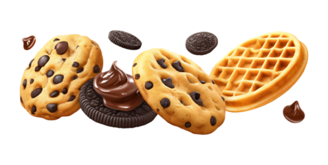 cookies and waffles falling through the air isolated on a transparent background