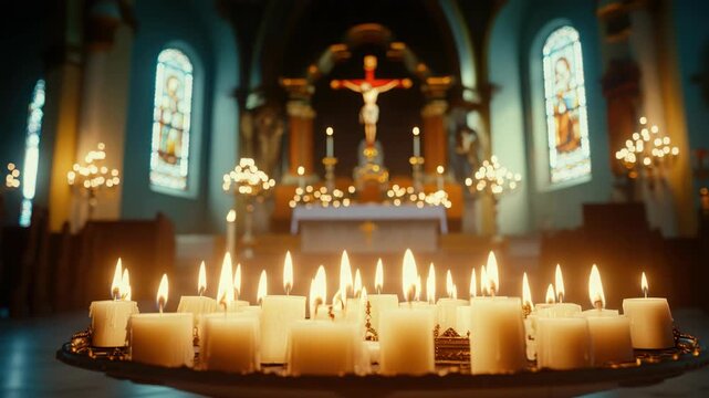 A collection of lit candles arranged on a circular stand inside a church.