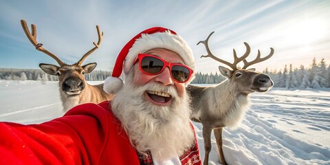 Santa Claus Selfie with Reindeer Wearing Sunglasses in a Snowy Landscape
