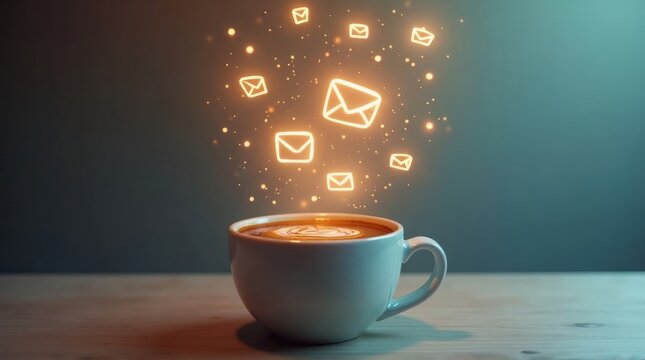 Coffee Cup with Floating Email Icons in Warm Light Modern Workspace - Powered by Adobe