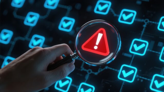 Cybersecurity threat detected under magnifying glass showing red warning sign among digital check marks on a futuristic screen.