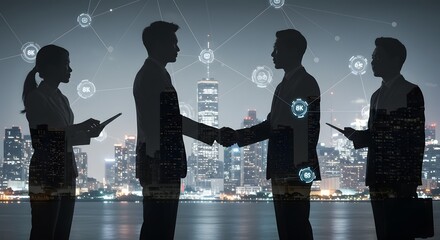Business Handshake Silhouette with Cityscape and Technology Icons
