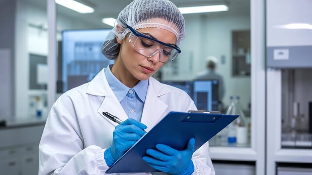 Female scientist in protective gear taking notes on clipboard in modern laboratory environment.