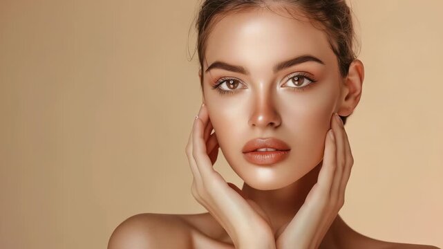 Portrait woman with flawless skin, lightly made up, her hands caressing her cheek. scene conveys elegant, natural beauty amplified by soft lighting, neutral background.