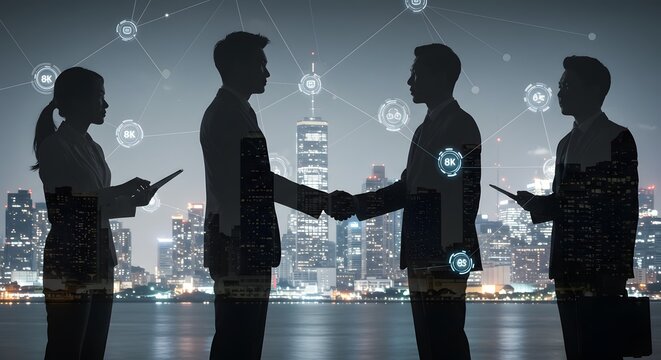 Business Handshake Silhouette with Cityscape and Technology Icons - Powered by Adobe