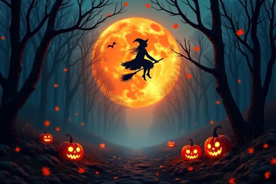 Spooky witch flies past giant moon over pumpkin patch
