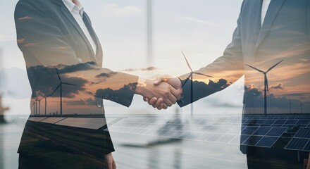 Clean Energy Partnership: Business Handshake with Renewable Energy Overlays