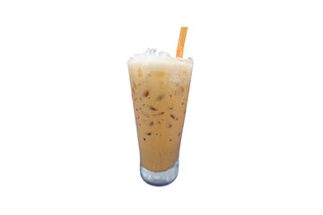 Iced Milk Tea In a Transparent Glass Mug with Straw on a White Background