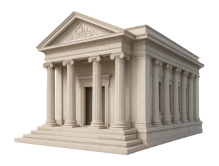 Classic Greek-style stone building with Corinthian columns and pediment, featuring intricately carved details on transparent background.