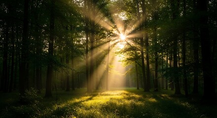 Sunbeams piercing through a lush green forest canopy