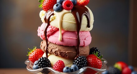 Layered Ice Cream Sundae with Fresh Berries and Sweet Sauce.