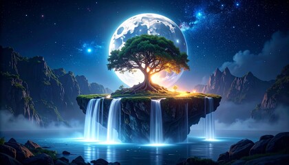 Majestic tree atop floating island under moonlit sky, surrounded by waterfalls.