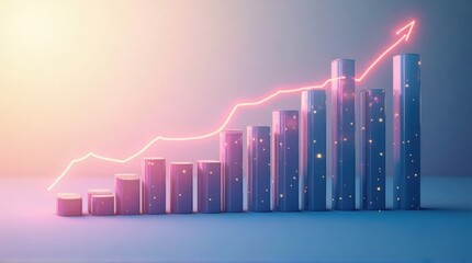 Graphical Bar Chart with Increasing Trend Line in Neon Pink and Blue Colors