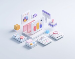 Abstract 3D graphic of various data visualization and interface elements, including charts, graphs, icons, and controls, arranged in a light pastel color palette on a light background